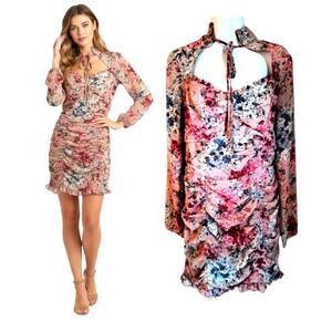 Pretty Little Thing Pink Floral Mini Dress Women's Sz 8 Long Sleeve Lined Ruched